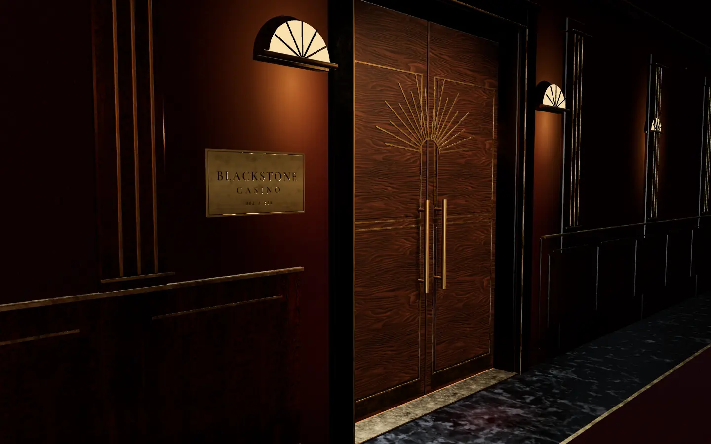 La porte du Blackstone Casino dans le couloir 3D du site ENIGMA : filets de laiton, plaque gravée et lumière dorée.