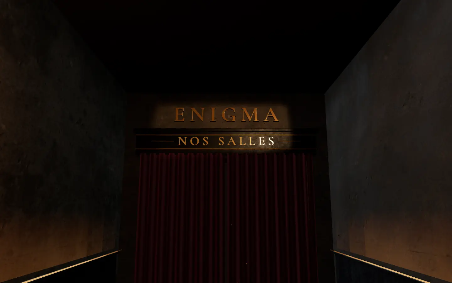 Le couloir des salles et son enseigne ENIGMA, Nos salles.
