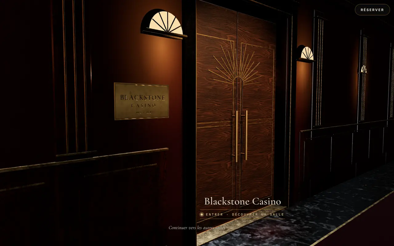 Devant la porte du Blackstone Casino : entrer pour découvrir la salle, ou continuer vers les autres.