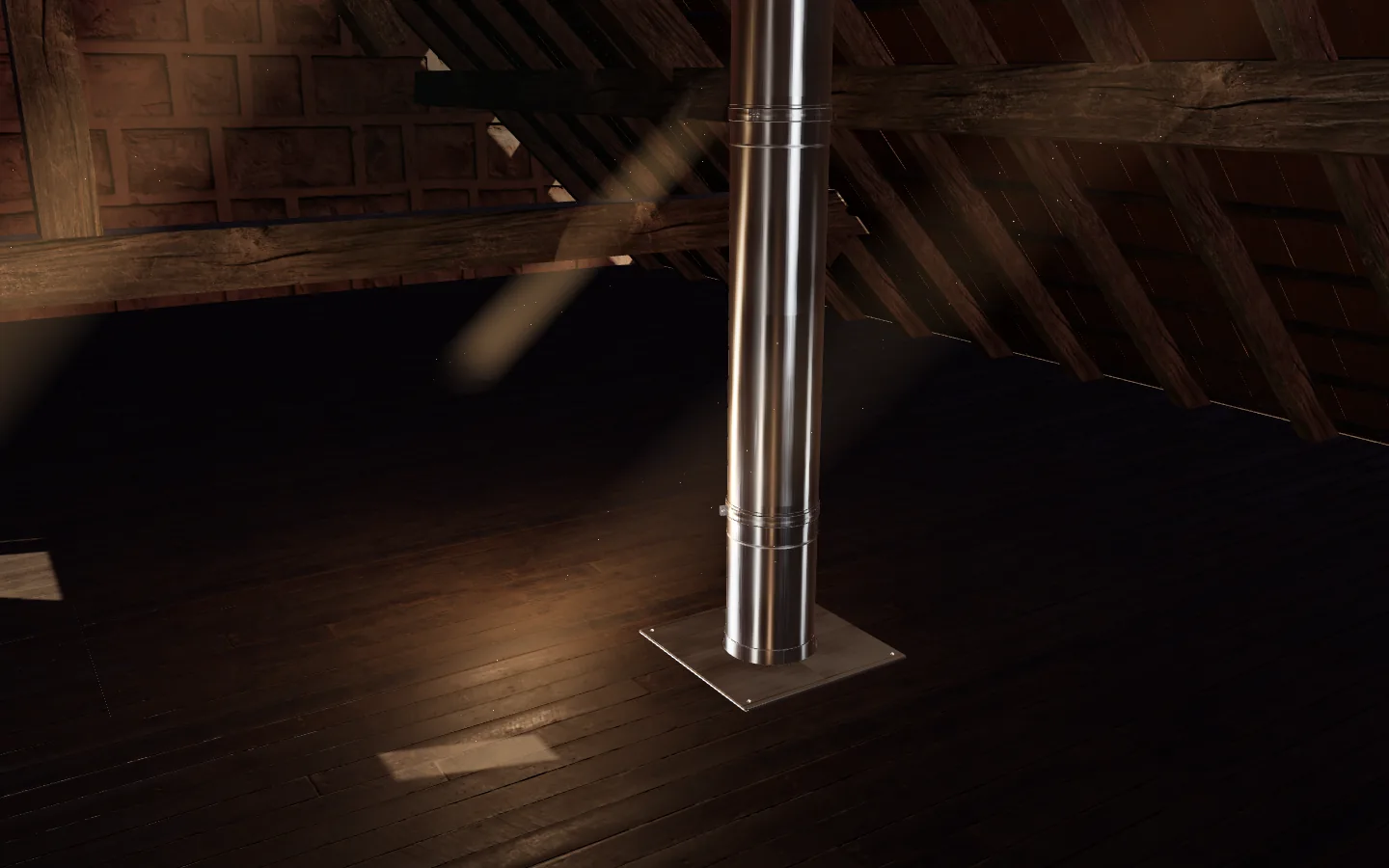 Les combles du site Hautes Vosges Ramonage : charpente dans la pénombre, poussière en suspension et conduit inox isolé qui traverse le plancher.